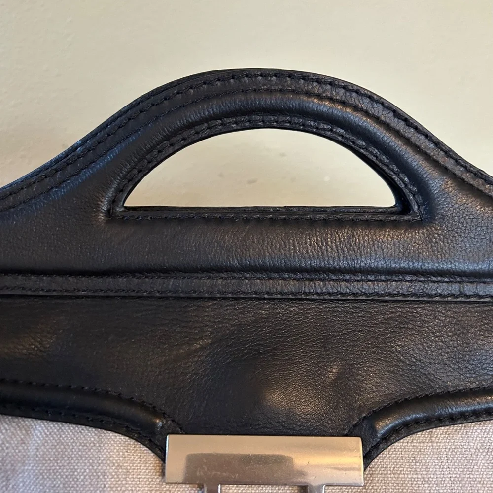 Foley & Corinna Handbag Clutch Beige Canvas Black‎ Leather Shoulder Strap Purse